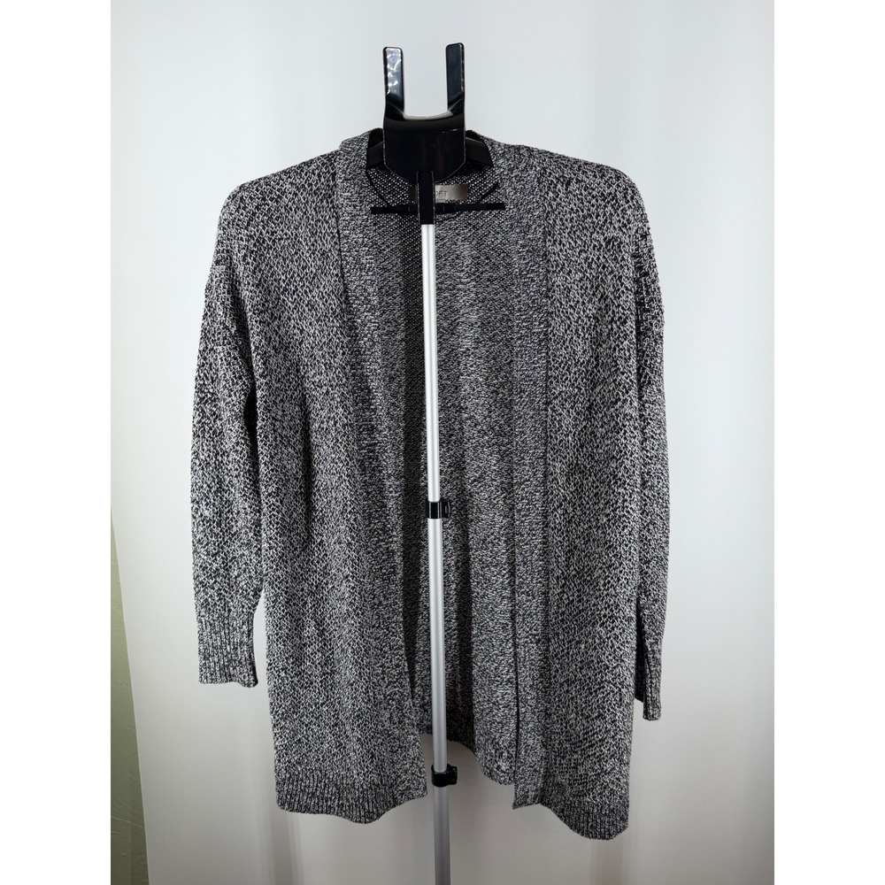 Loft Womens Medium Marled Black White Open Front Longline Cardigan Sweater M